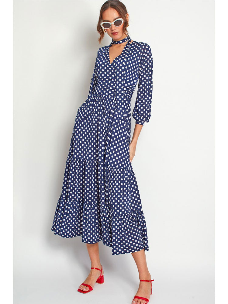 Onjenu Faye Maxi Dress Polka Dot Navy