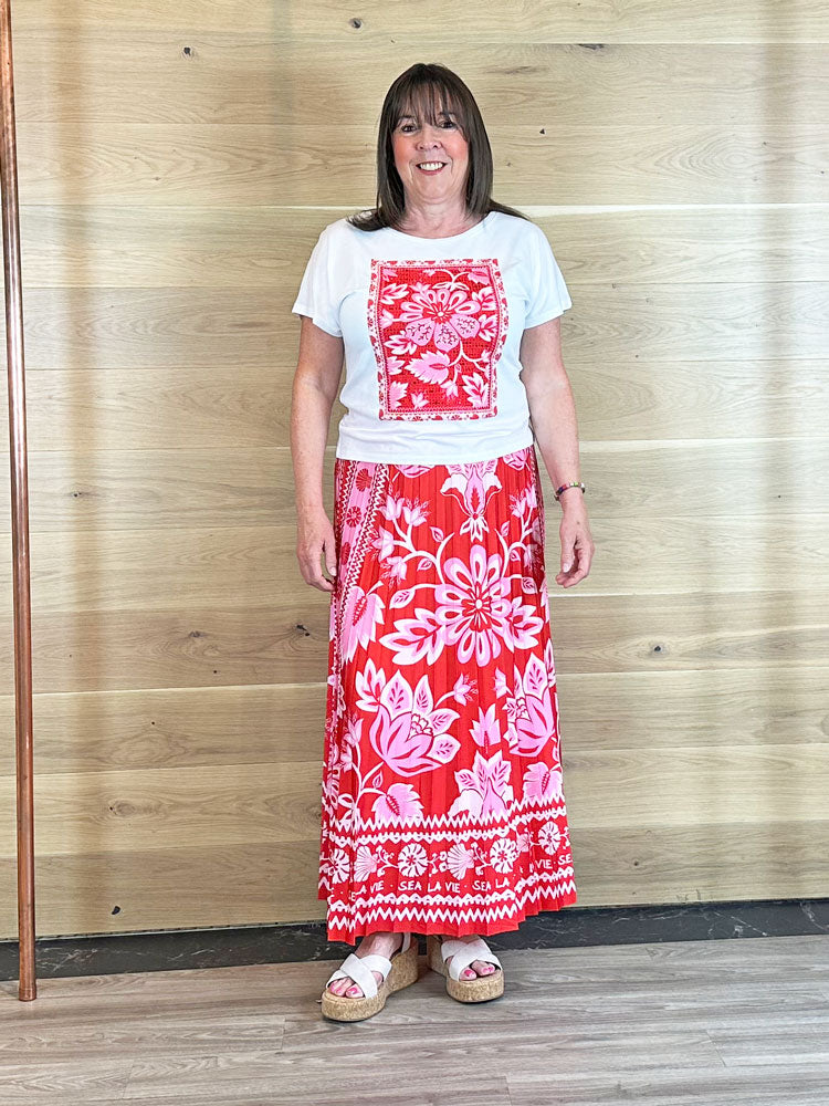 Oui Pleated Skirt Red Rose