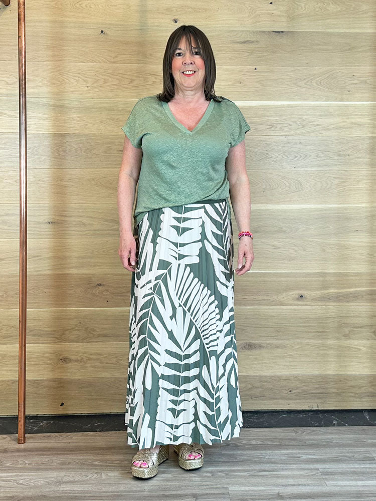 Oui Pleated Skirt Green &amp; White