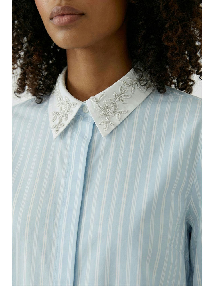 Oui Embellished Collared Blouse Blue & White