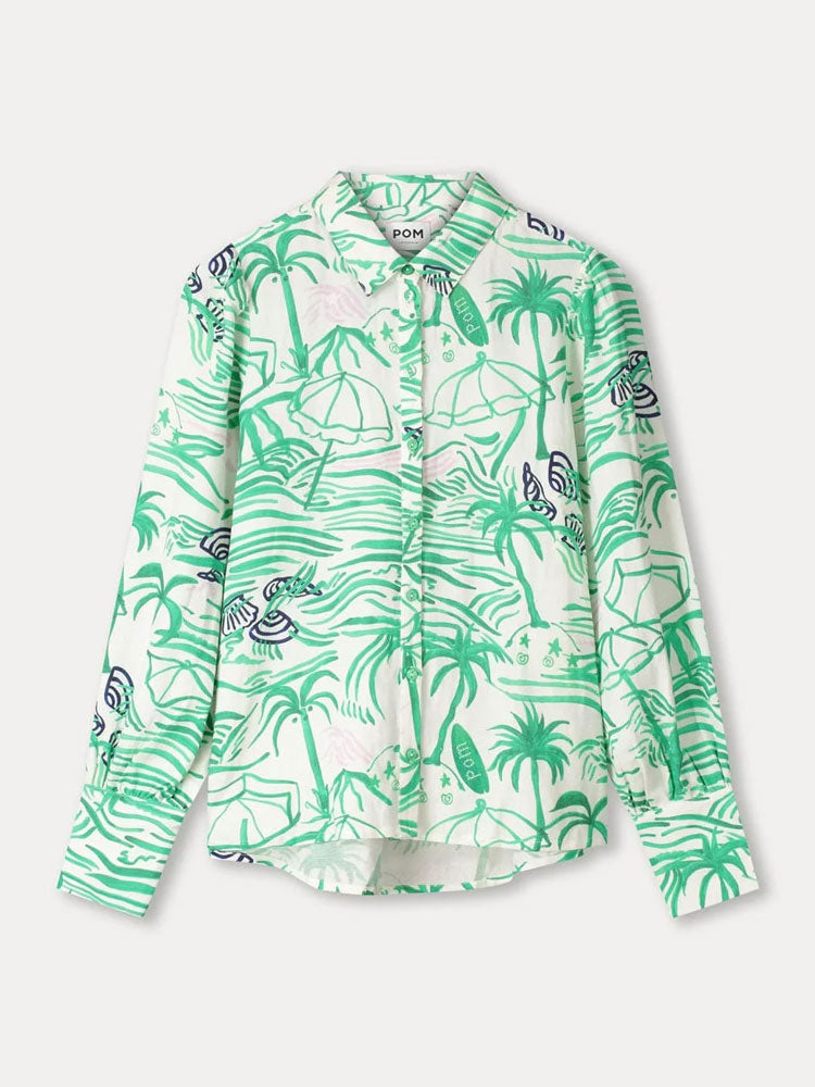 Pom Linen Blouse Beach Vibes Green