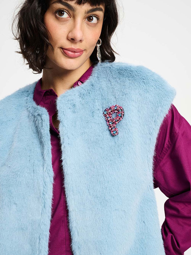 Pom Faux Fur Gilet Blue