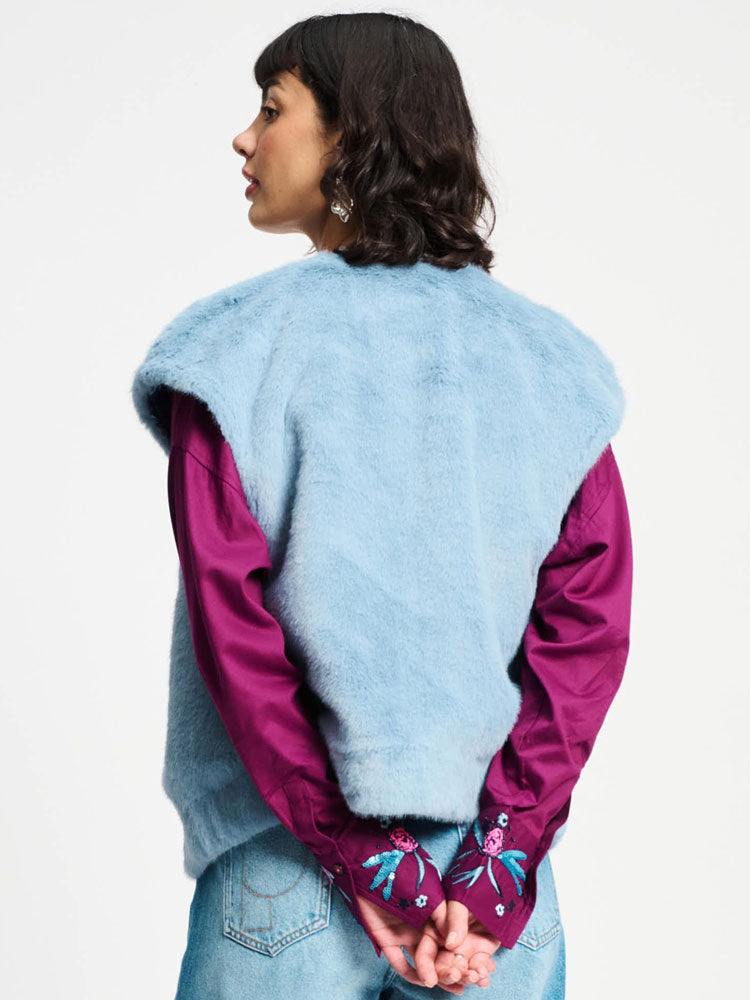 Pom Faux Fur Gilet Blue