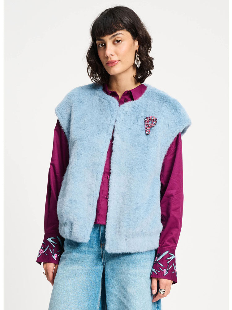 Pom Faux Fur Gilet Blue
