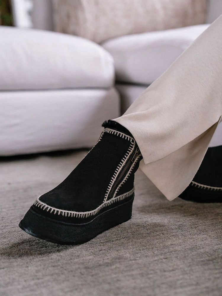 Laidback London Setsu Platform Crochet Black Suede Ankle Boots