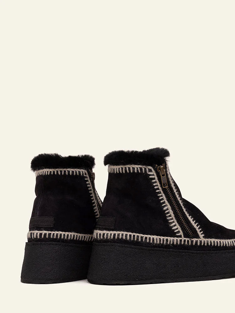 Laidback London Setsu Platform Crochet Black Suede Ankle Boots