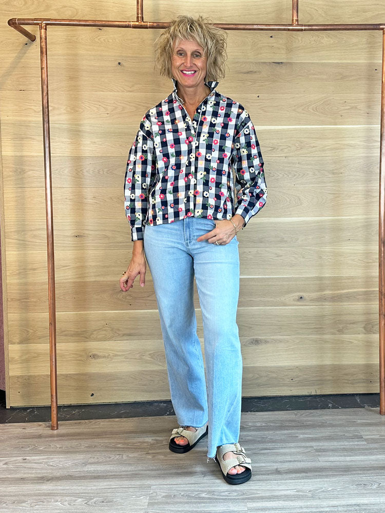 Vilagallo Navy Check Blouse with Floral Detail
