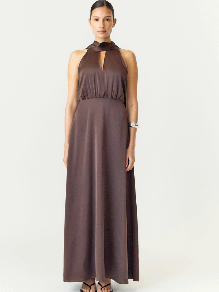 YAS Yasthea Halter Neck Maxi Dress Coffee Bean
