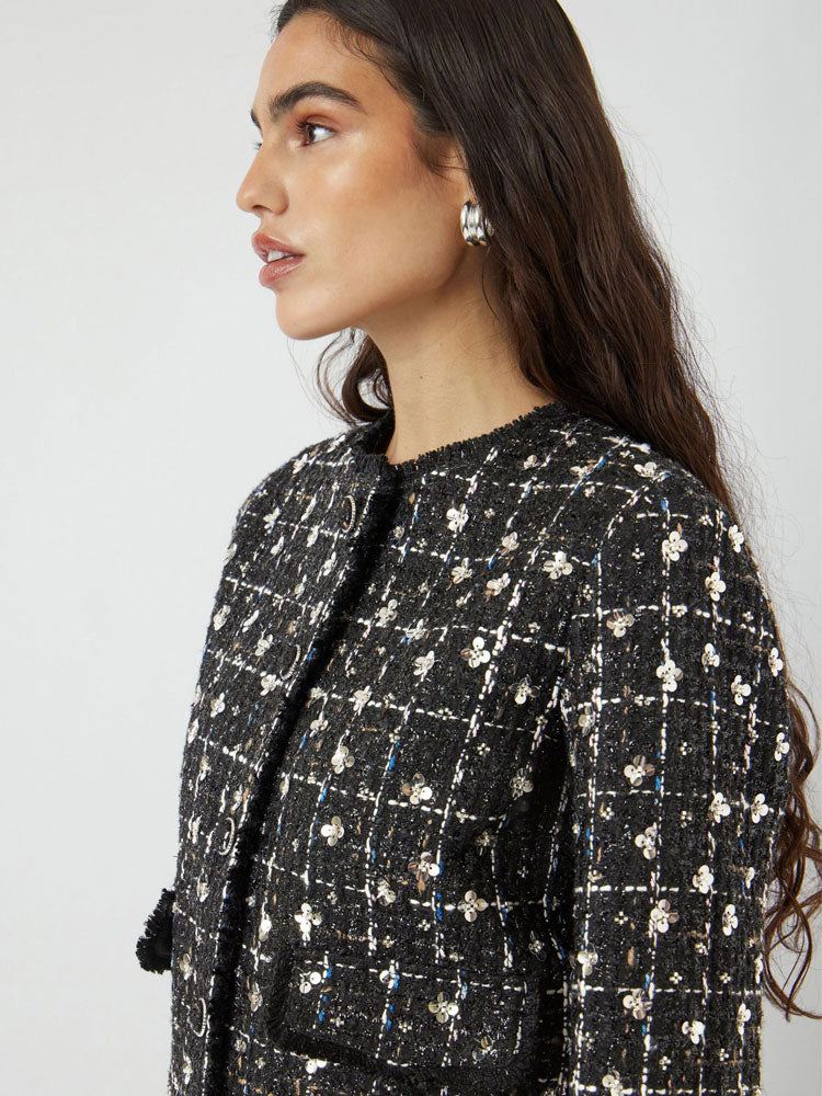 YAS Yasvalenda Tweed Sequin Jacket Black