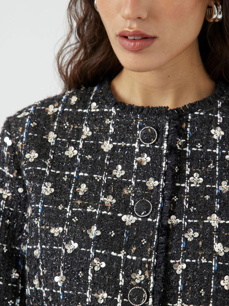 YAS Yasvalenda Tweed Sequin Jacket Black