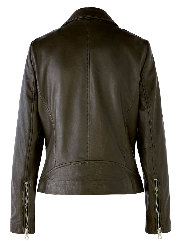 Oui Leather Jacket Dark Khaki