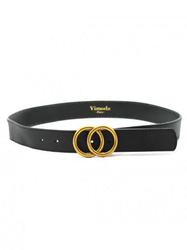 Vimoda Double Ring Gold Buckle Leather Belt Black