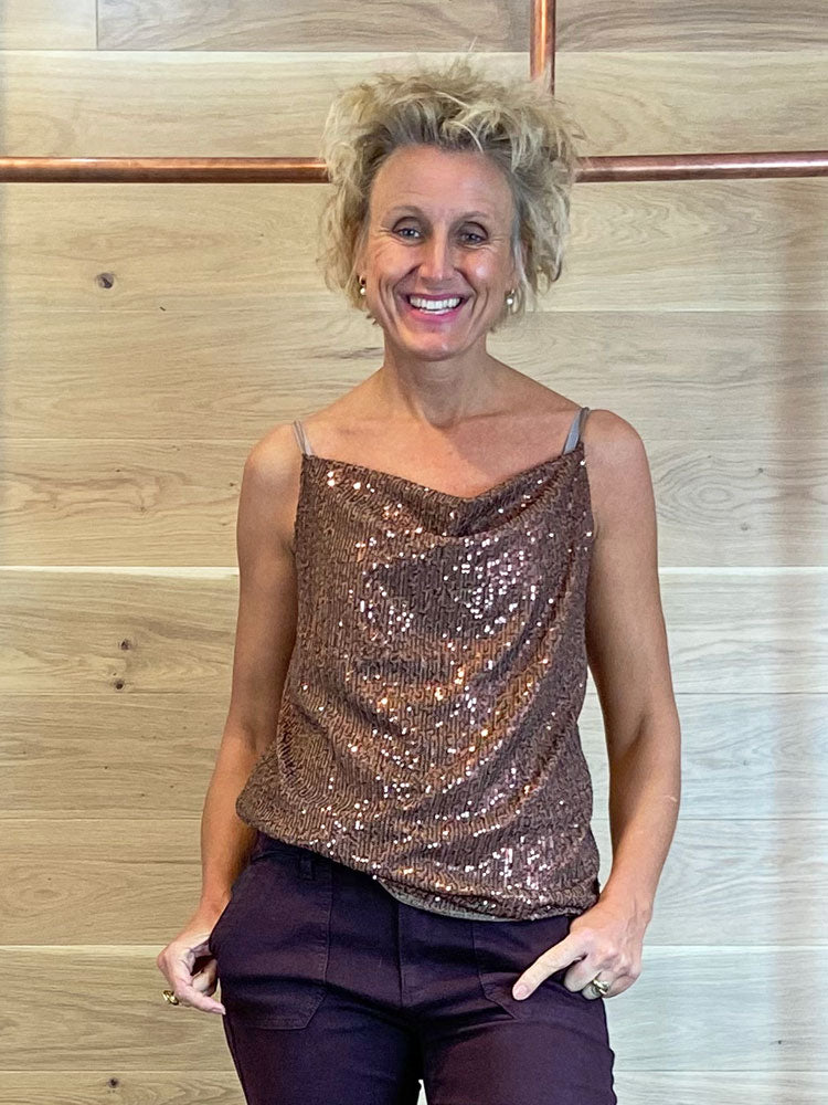 ACL Sequin Cami Top with Cowl Neck Copper