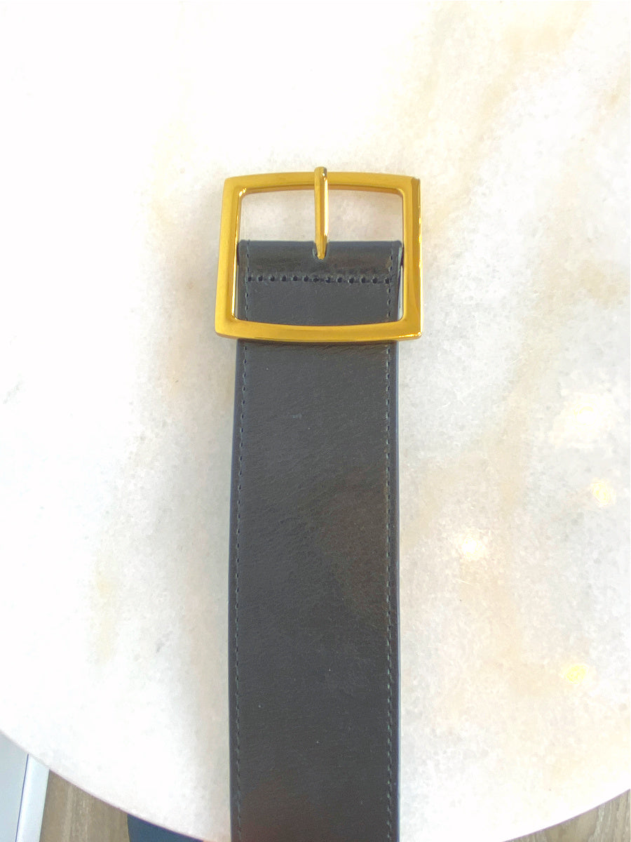 Vimoda Black Leather Belt Square Brass Buckle