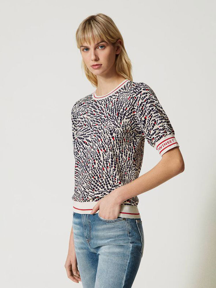 Twinset Printed Knitted Top with Jacquard Logo Cream