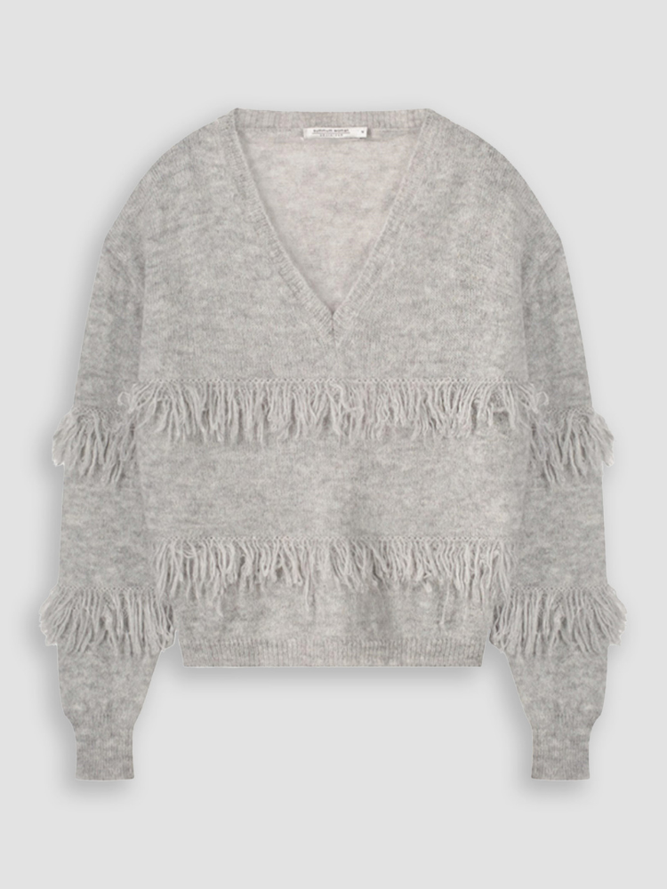 Summum V-Neck Fringe Sweater Light Grey Melange